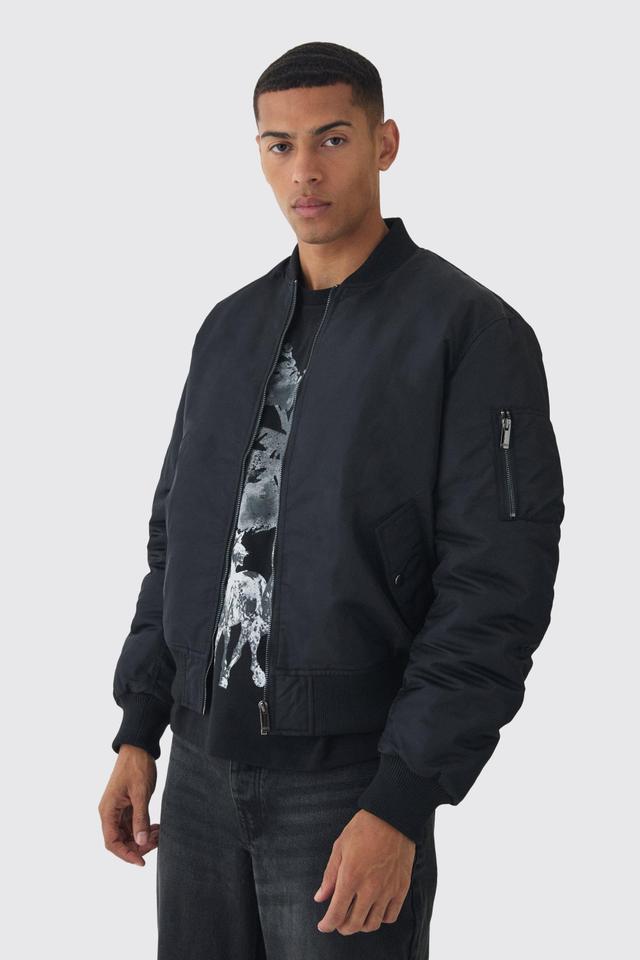 Oversized Boxy Padded Nylon Bomber Jacket In Black | boohooMAN USA Product Image