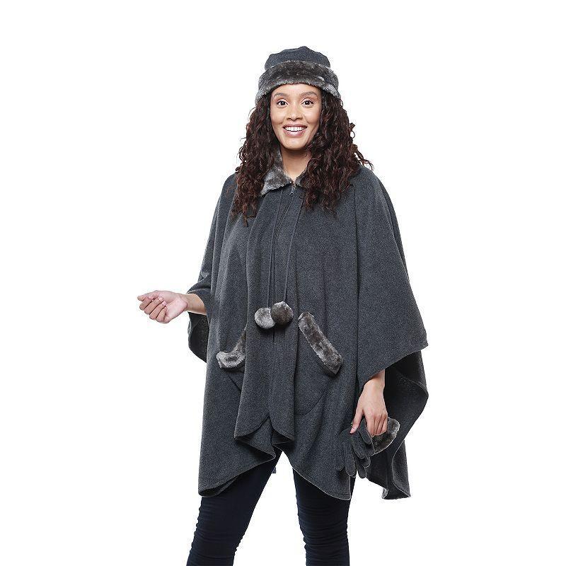 Womens Linda Anderson Le Moda Fleece Poncho & Gloves Set with Faux Fur Trim & Poms, Grey Heather product image