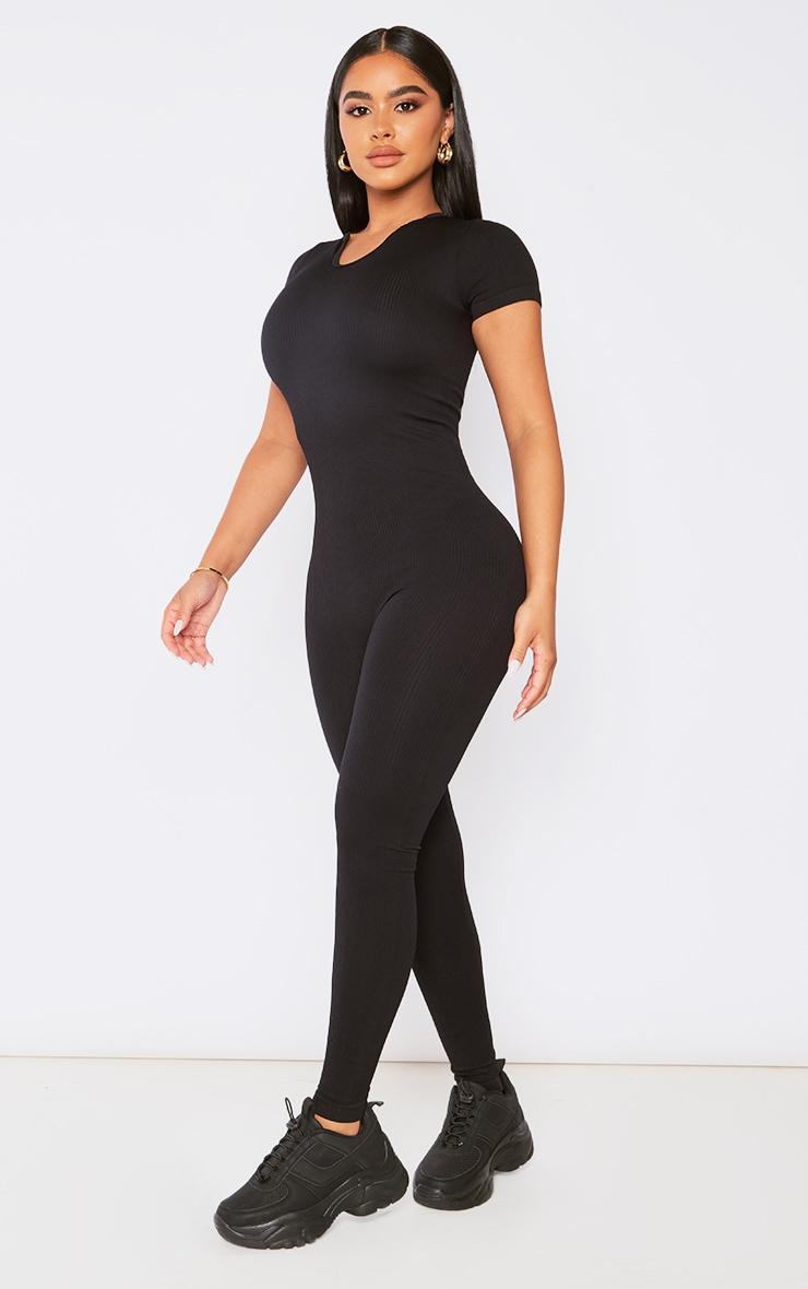 Petite Black Structured Snatched Rib V Neck Short Sleeve Jumpsuit Product Image