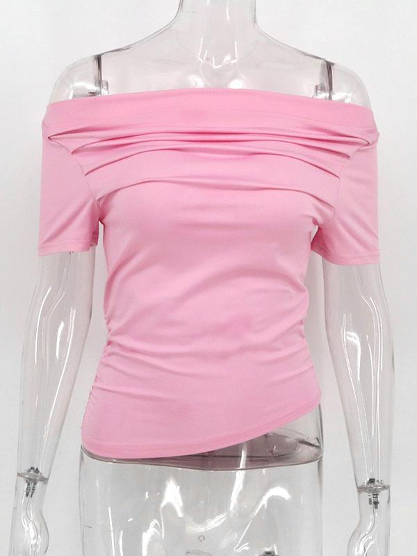 Short Sleeves Skinny Pleated Solid Color Split-Joint Boat Neck T-Shirts Product Image