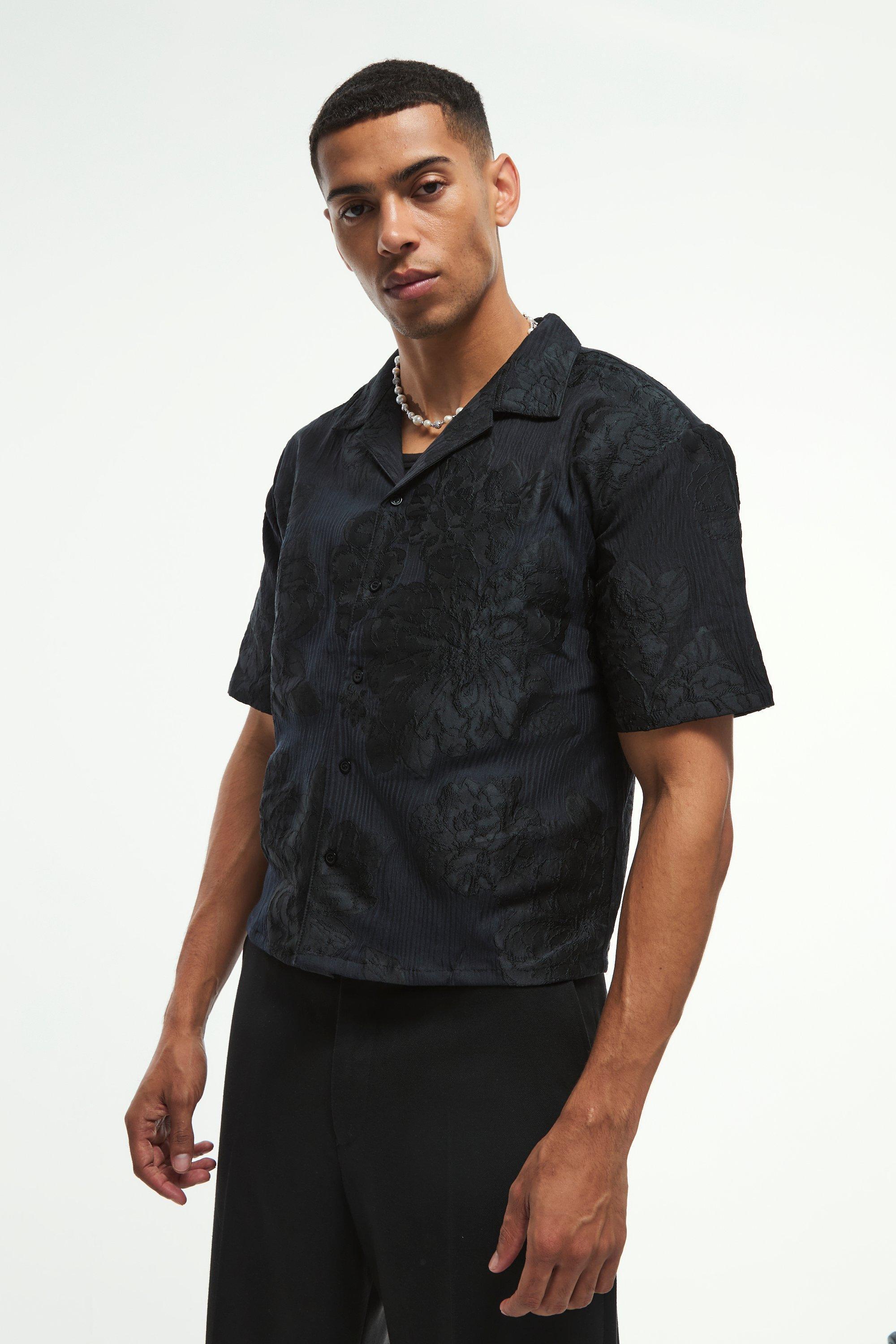 Oversized Boxy Revere Applique Shirt In Black | boohooMAN USA Product Image