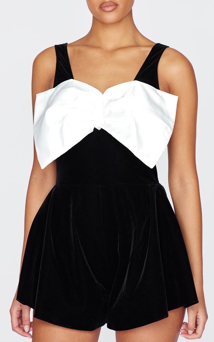 Tall Black Velvet Sleeveless Bow Detail Romper Product Image