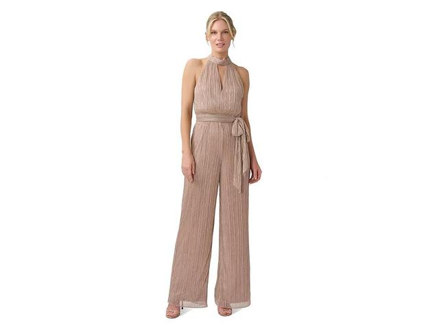 Adrianna Papell Crinkle Metallic Halter Neck Blouson Jumpsuit (Taupe/Pink) Women's Jumpsuit & Rompers One Piece Product Image