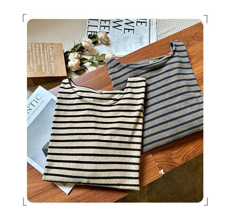 Long Sleeve Drop Shoulder Crew Neck Striped Tee Product Image