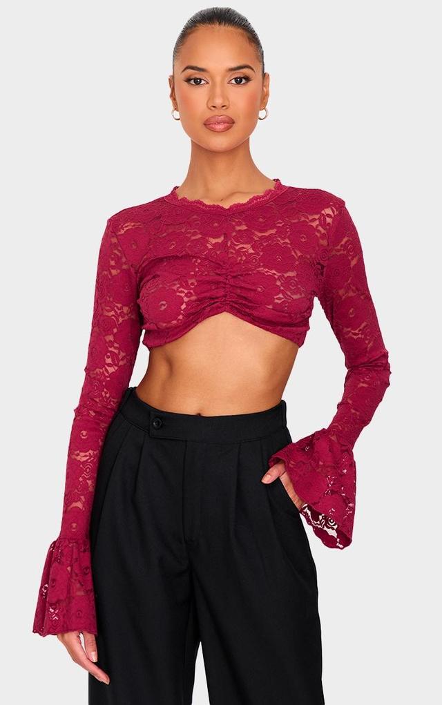  Burgundy Lace Extreme Crop Long Sleeved Top Product Image