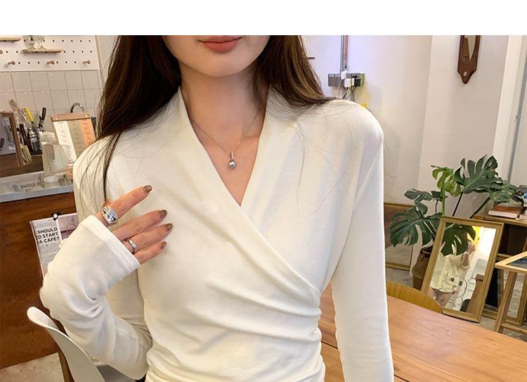 Long Sleeve V-Neck Plain Ruched Wrap T-Shirt Product Image