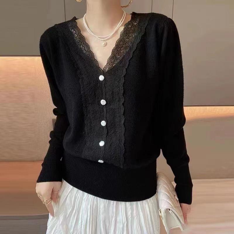 Puff-Sleeve V-Neck Plain Lace Trim Knit Top Product Image