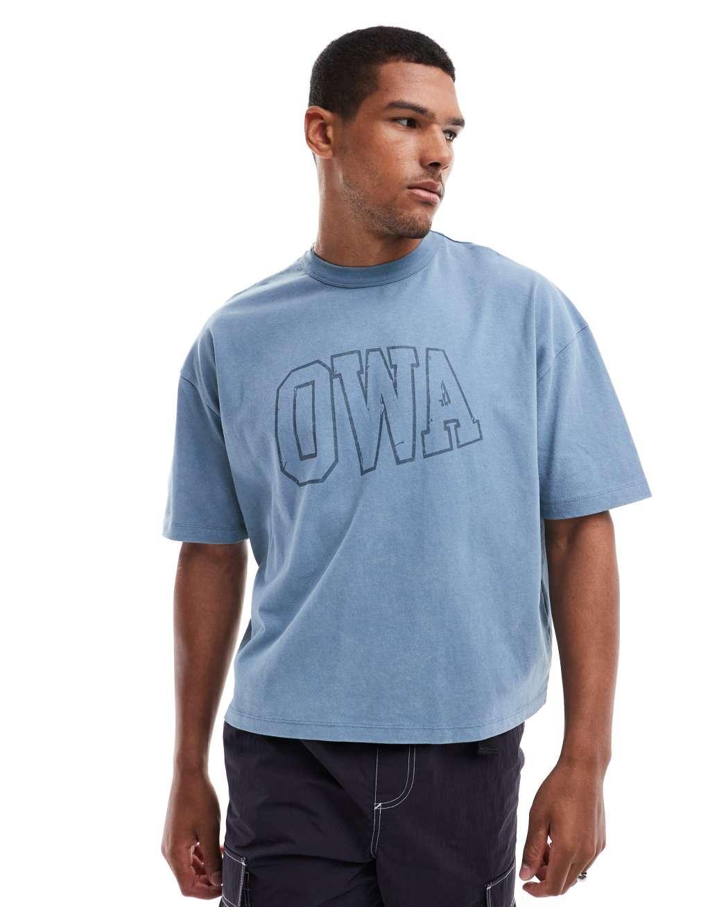 ASOS DESIGN boxy oversized t-shirt in heavyweight washed blue with text chest print Product Image