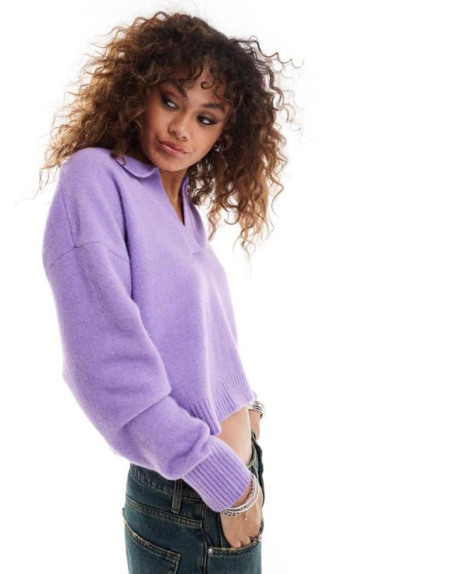 Monki knitted polo sweater in purple Product Image