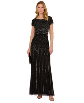 Adrianna Papell Womens Beaded Short-Sleeve Sheer-Overlay Gown Product Image