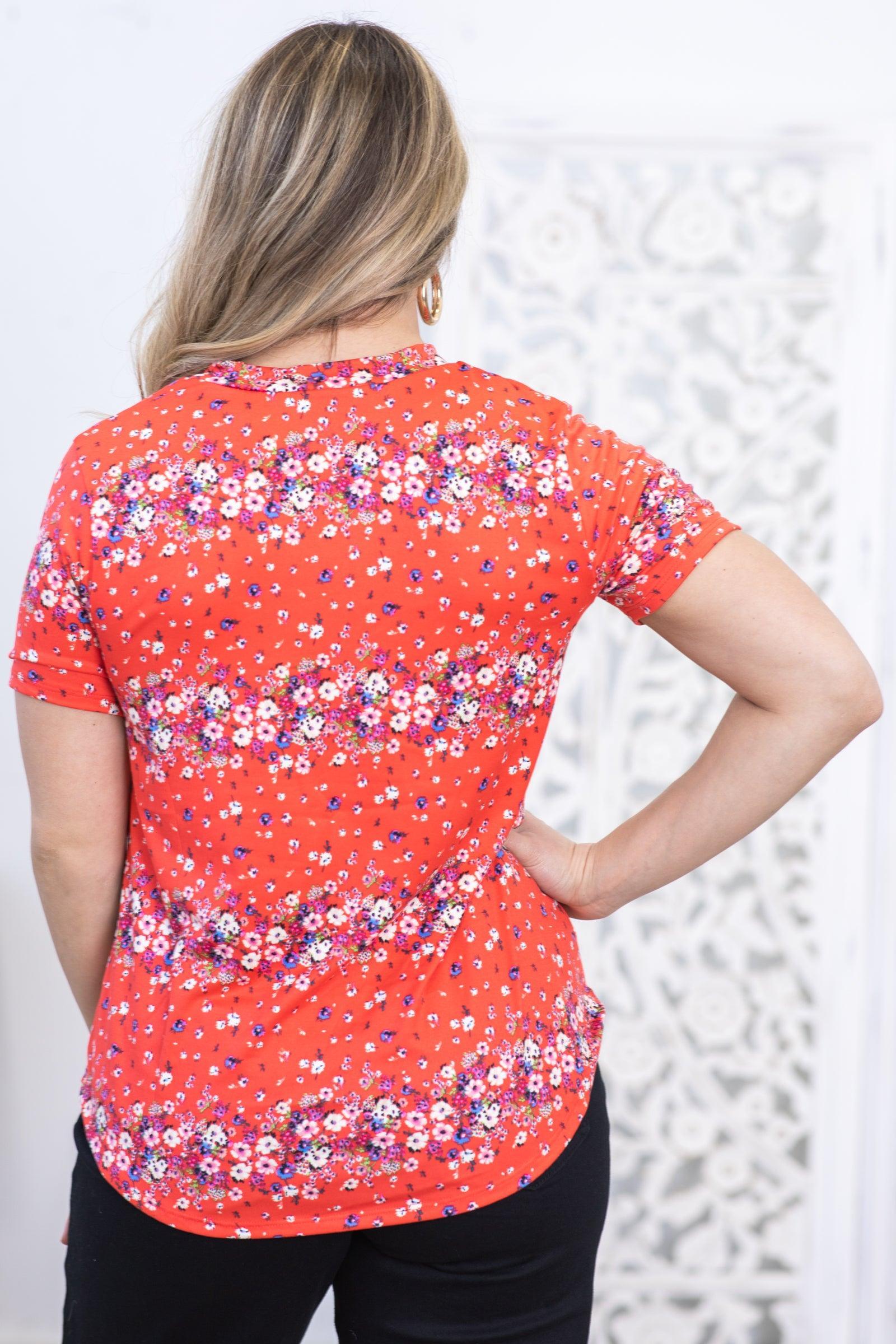 Red Notch Neck Floral Print Short Sleeve Top Product Image