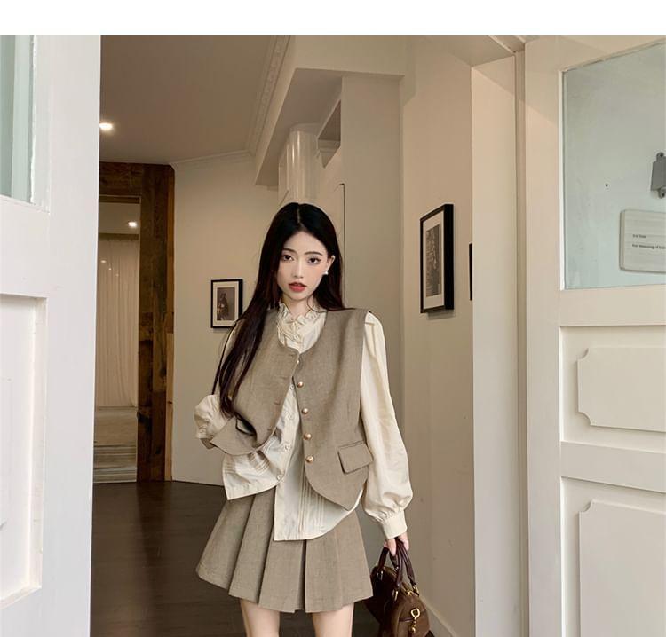 Long Sleeve Stand Collar Plain Frill Blouse / V-Neck Plain Button Vest / High Waist Pleated Mini A-Line Skirt Product Image