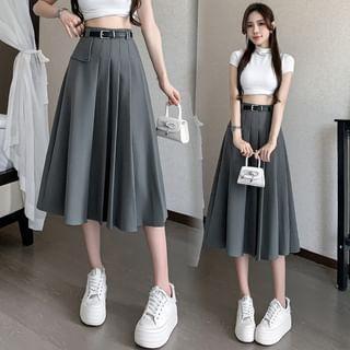 High Rise Plain Asymmetrical Pleated Midi A-Line Skirt Product Image