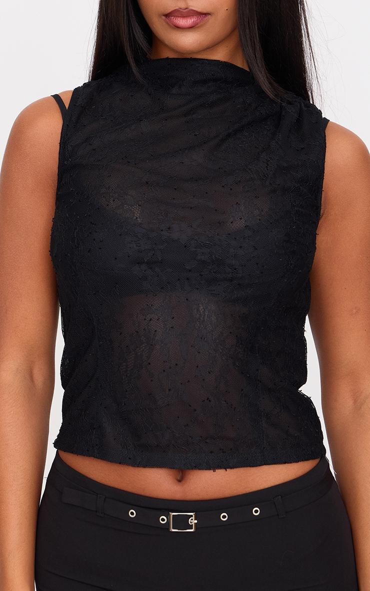 Black Lace Ruched Shoulder High Neck Top Product Image