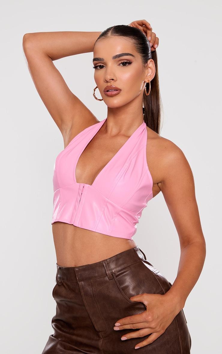 Pink Faux Leather Hook & Eye Plunged Crop Top Product Image