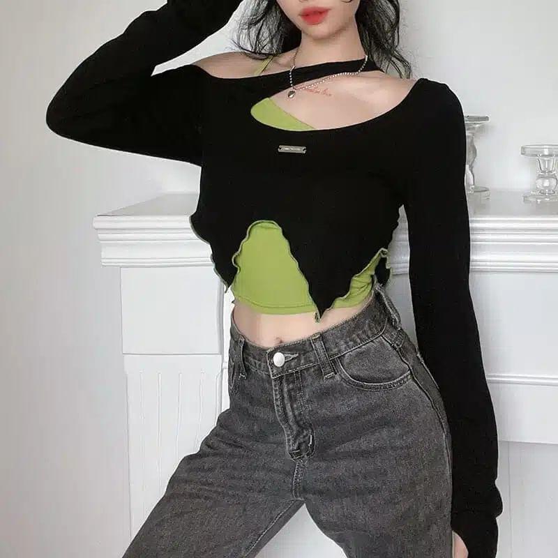 Set: Long Sleeve Cold Shoulder Contrast Stitch Crop Top + Plain Camisole Top Product Image