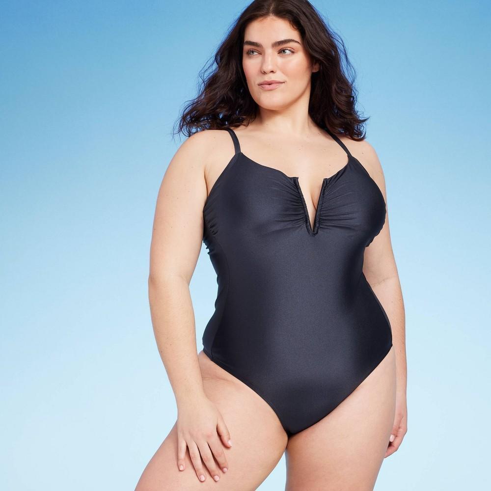 Womens Shirred V-Wire Plunge One Piece Swimsuit - Shade & Shore Dark Shine Product Image