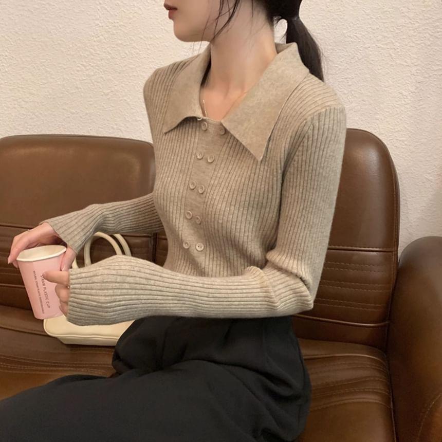 Polo Collar Plain Ribbed Knit Crop Top Product Image