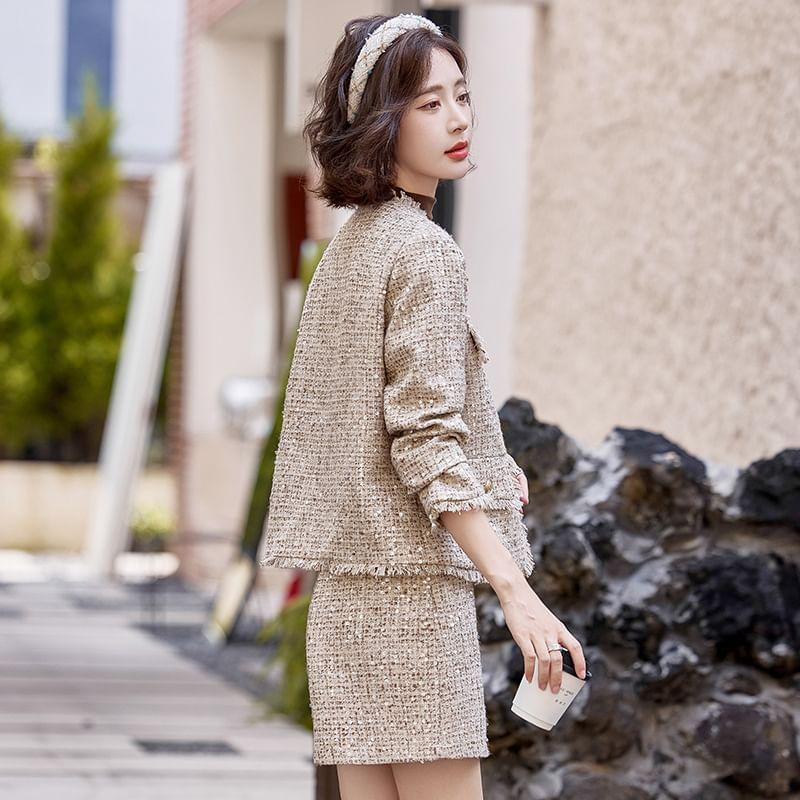 Set: Round Neck Fringed Sequin Button Jacket + Elastic Waist Mini A-Line Skirt Product Image