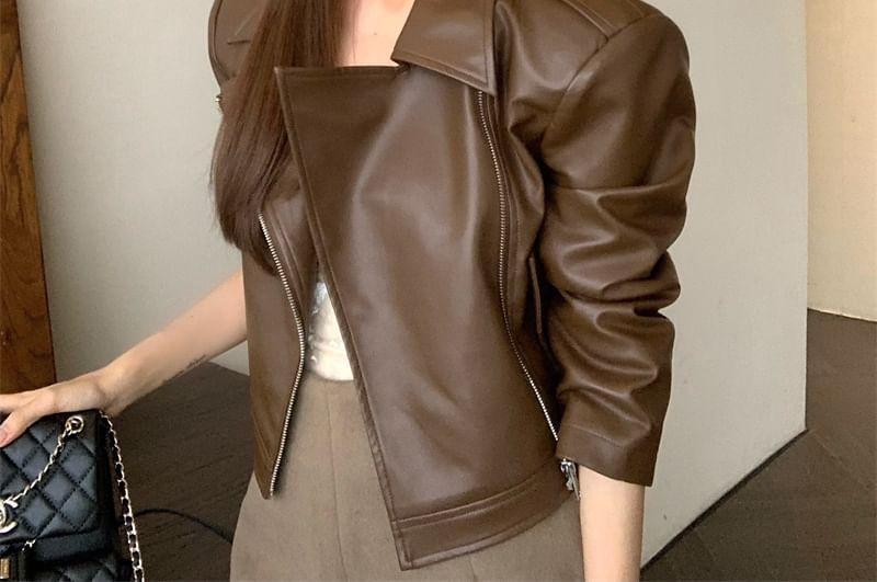 Collared Faux Leather Zip-Up Crop Jacket Product Image