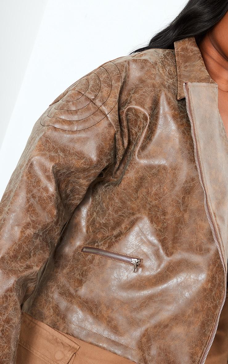 Plus Brown Oversized Faux Leather Distressed Look Biker Jacket Product Image