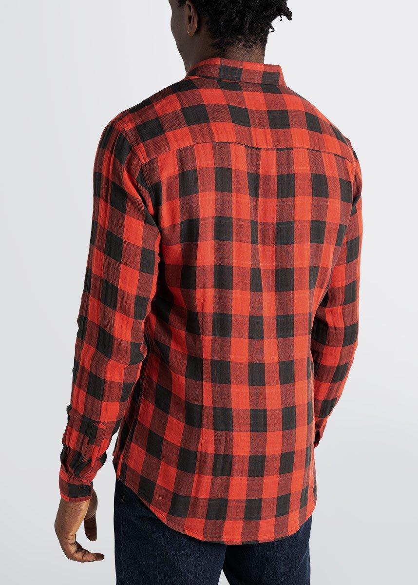 Double-Weave Button-Up Shirt for Tall Men in Red & Black Plaid Male Product Image