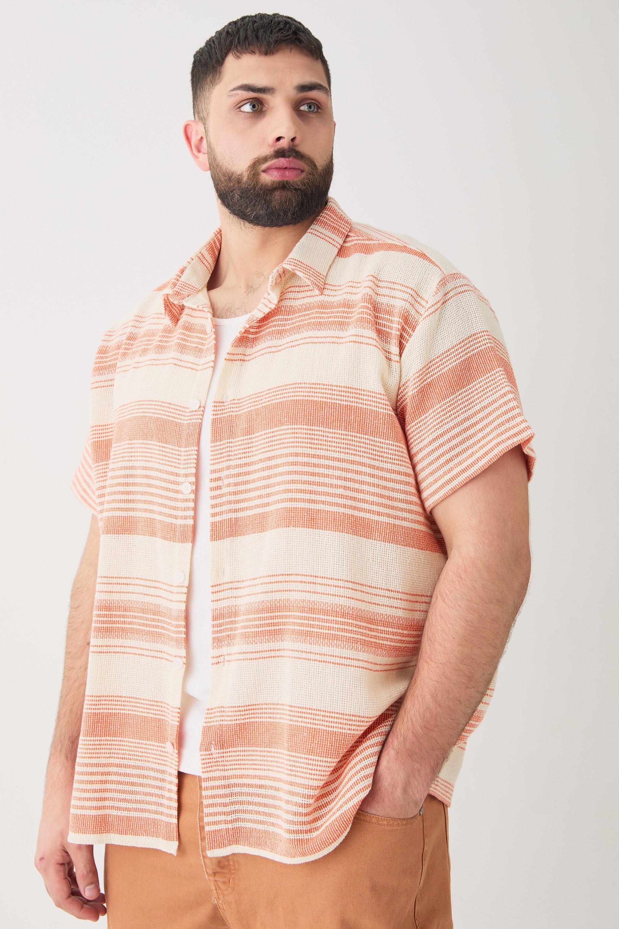 Plus Short Sleeve Oversized Textured Stripe Shirt In Stone | boohooMAN USA Product Image