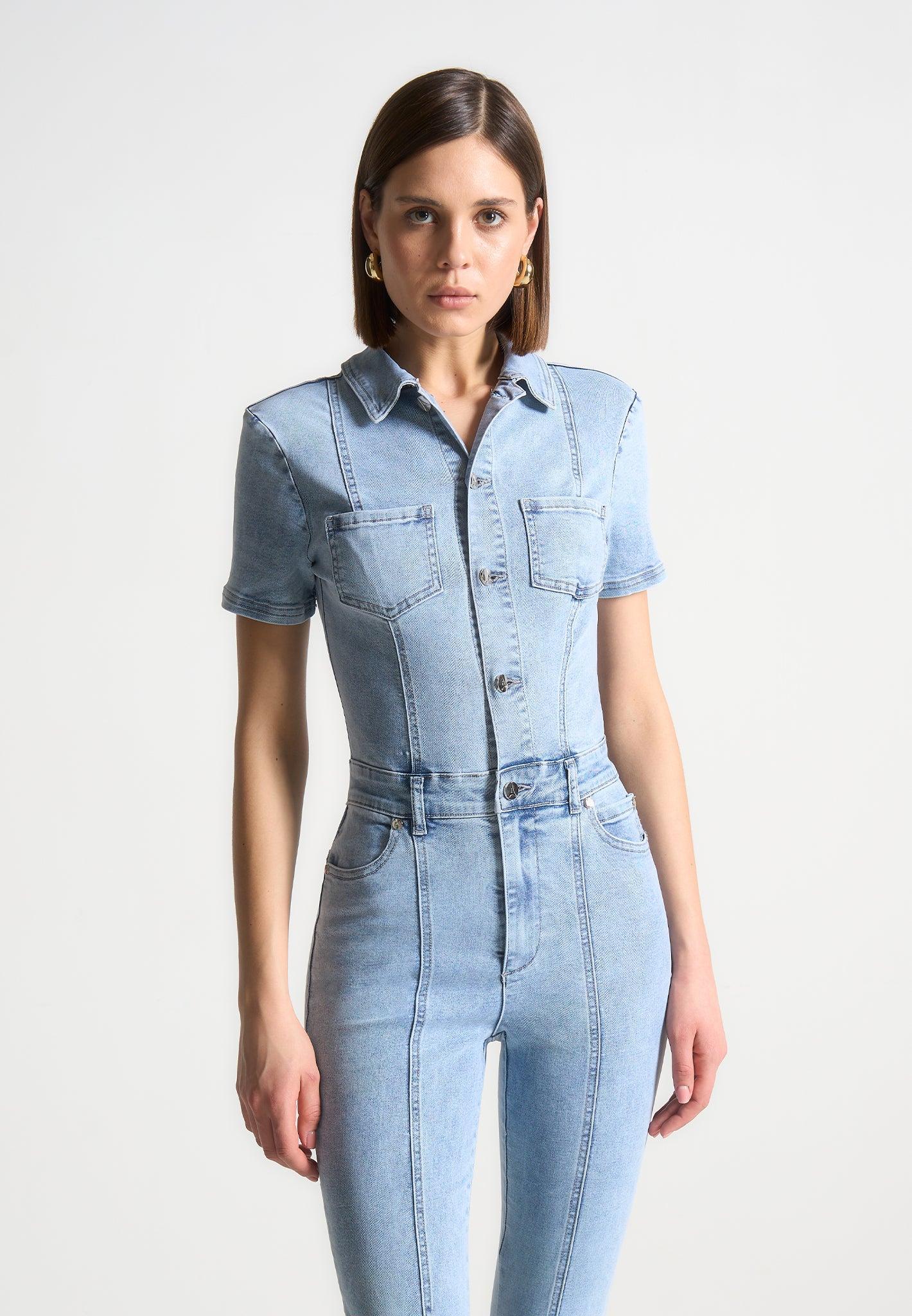 Mini Flared Denim Jumpsuit - Mid Blue Female Product Image