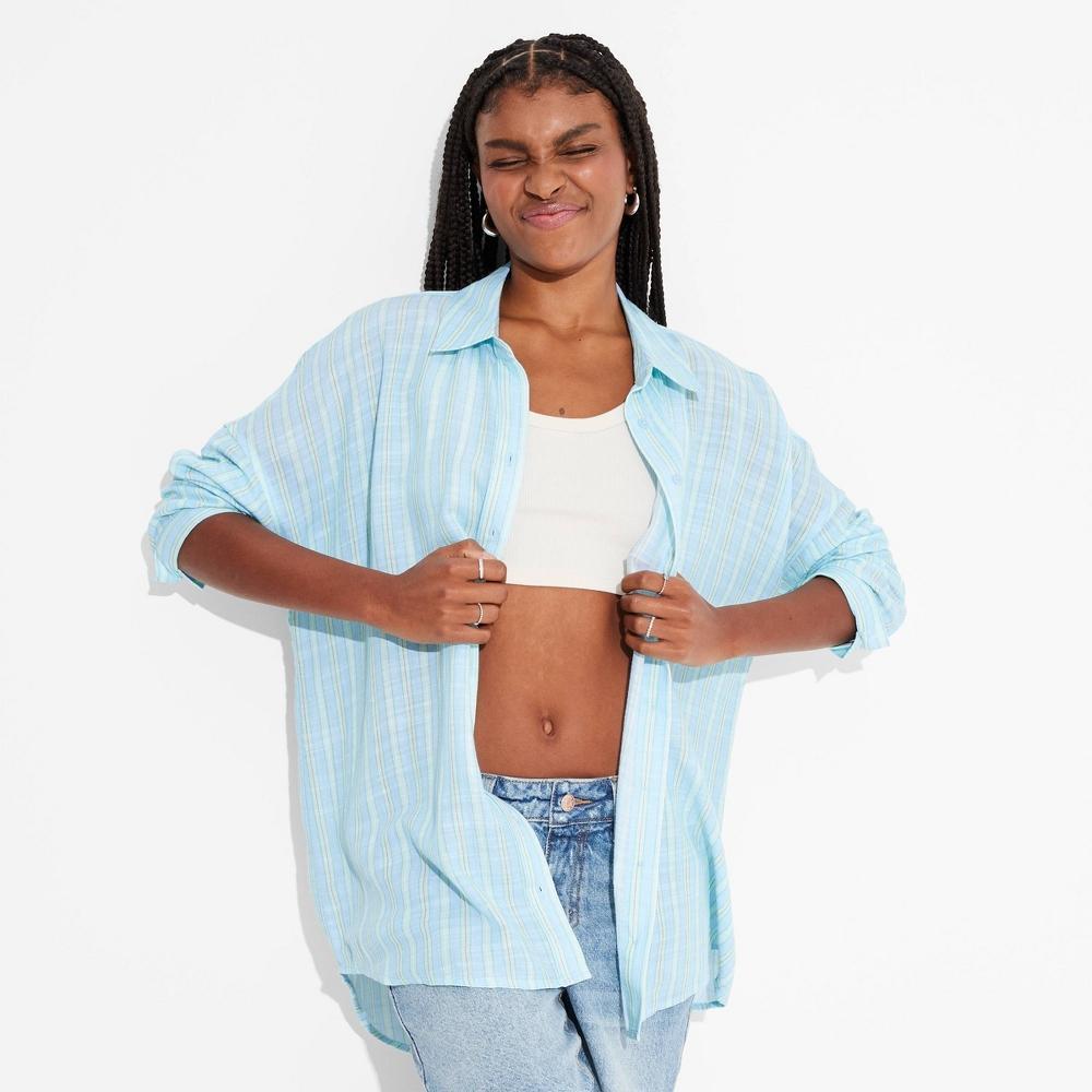 Womens Long Sleeve Oversized Button-Down Shirt - Wild Fable /Blue Striped L Product Image