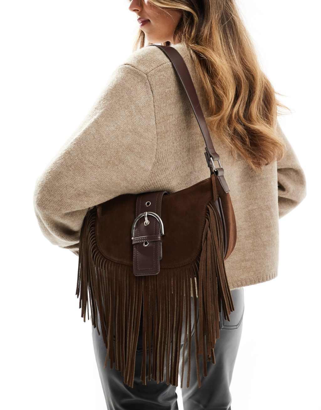 ASOS DESIGN suede tassel shoulder bag with buckle detail in chocolate Product Image