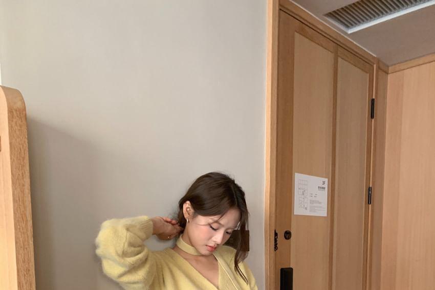 V-Neck Button-Up Plain Crop Cardigan Product Image