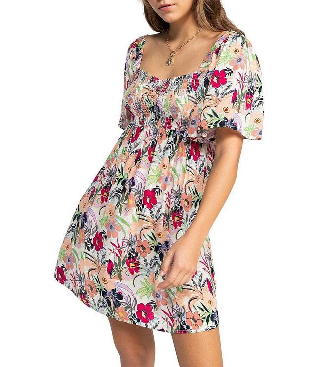 Roxy Golden Dawn Floral Print Short Sleeve Smocked A-Line Mini Dress Product Image