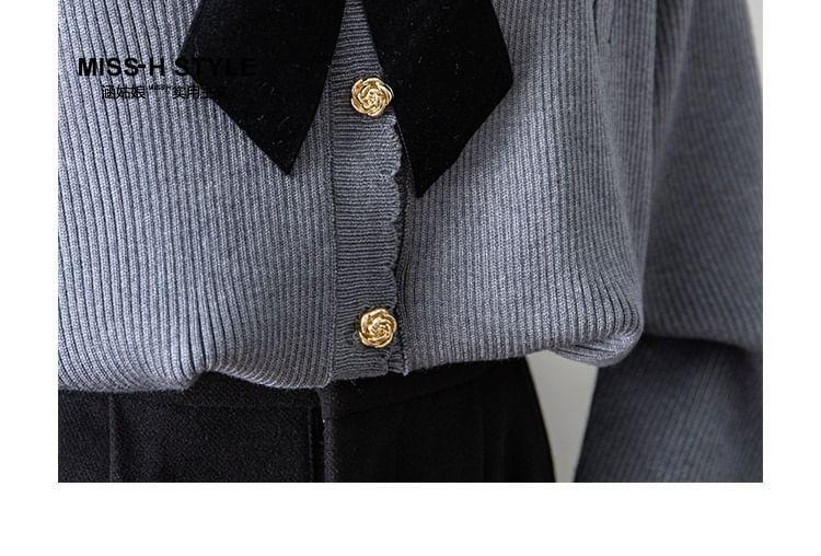 Collared Bow Embroidered Flower Button Cardigan Product Image