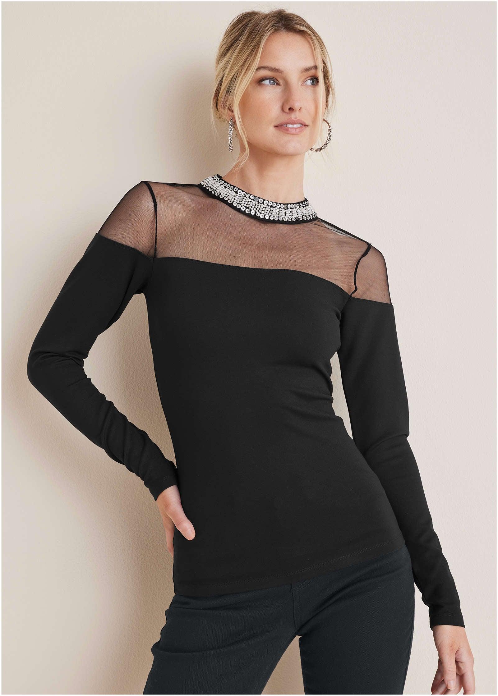 Embellished Neck Mesh Top - Black Product Image