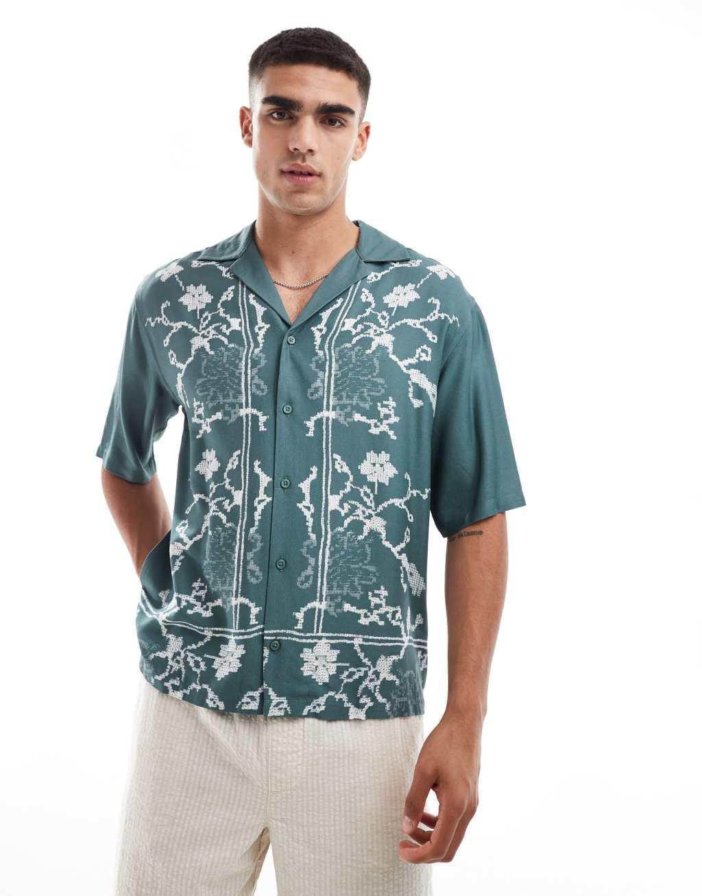 ONLY & SONS revere collar shirt with floral border print in teal Product Image