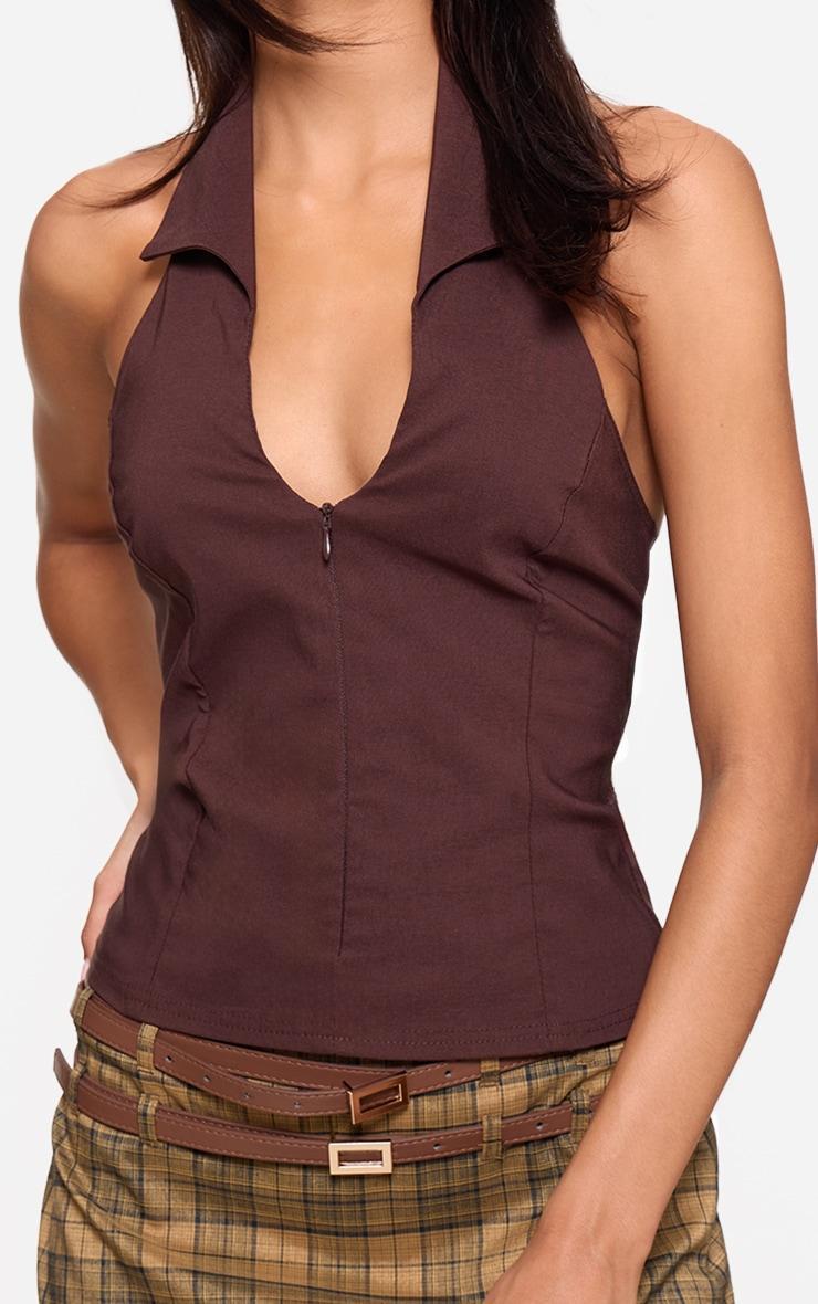 Chocolate Stretch Woven Zip Collar Detail Long Top Product Image