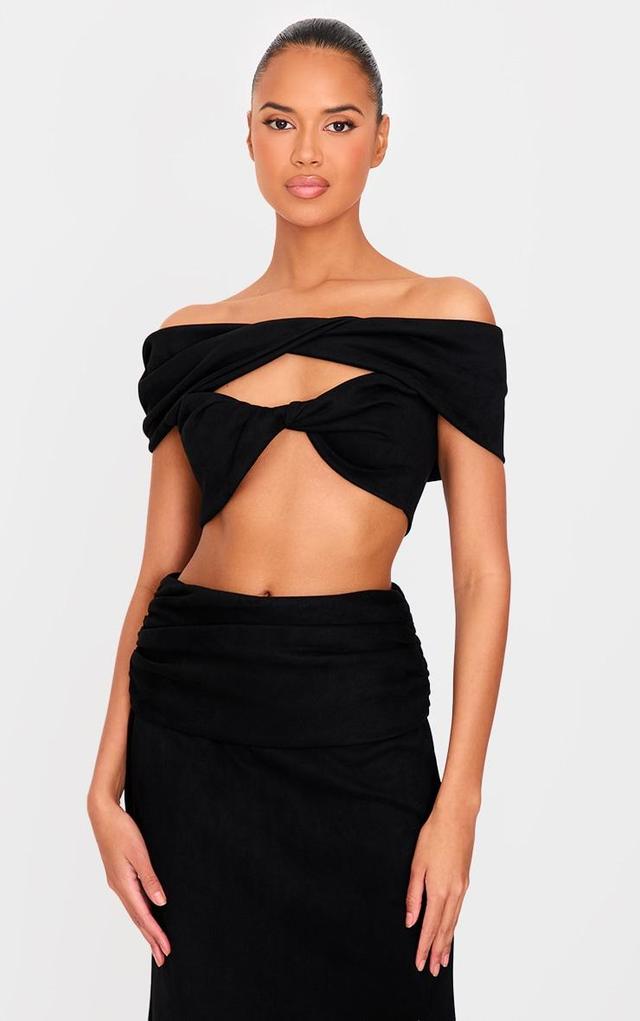 Black Faux Suede Ruched Twist Off The Shoulder Crop Top Product Image