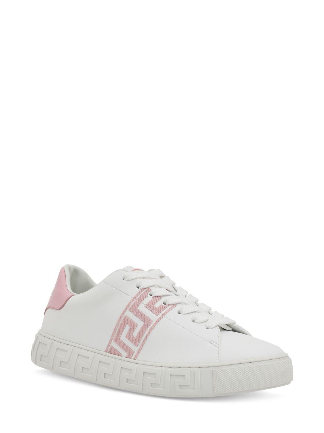 VERSACE Embroidered Faux Leather Sneakers In White,english Rose Product Image