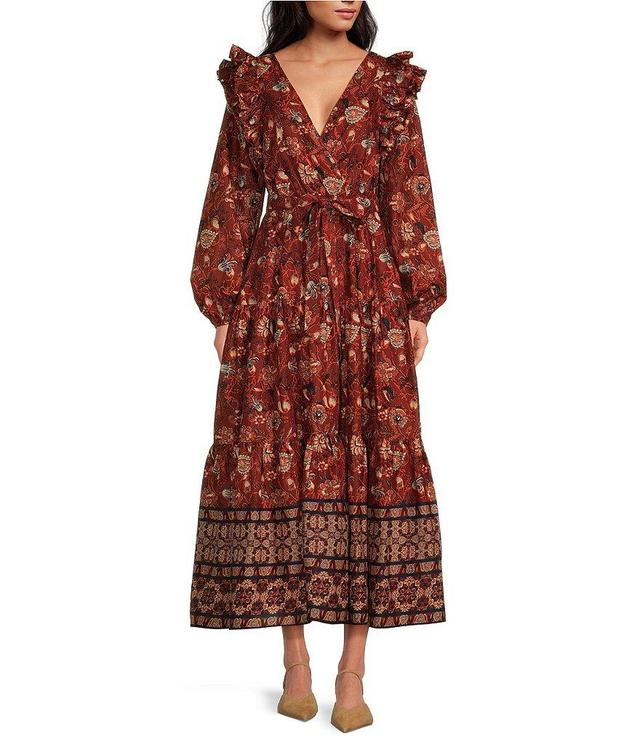 A Loves A Floral Woven Surplice V-Neck Tiered Ruffle Shoulder Long Balloon Sleeve Tie Waist A-Line Dress Product Image