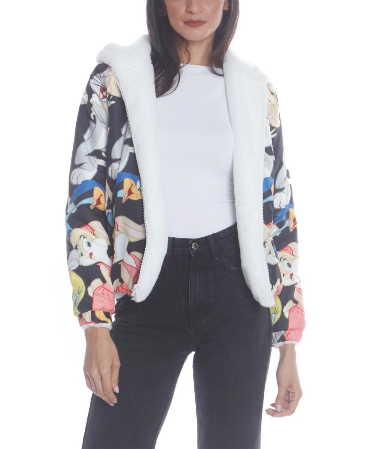 Members Only Womens Faux Rabbit Fur Reversible Bomber Looney Tunes Satin Mashup Print Lining Jacket Product Image