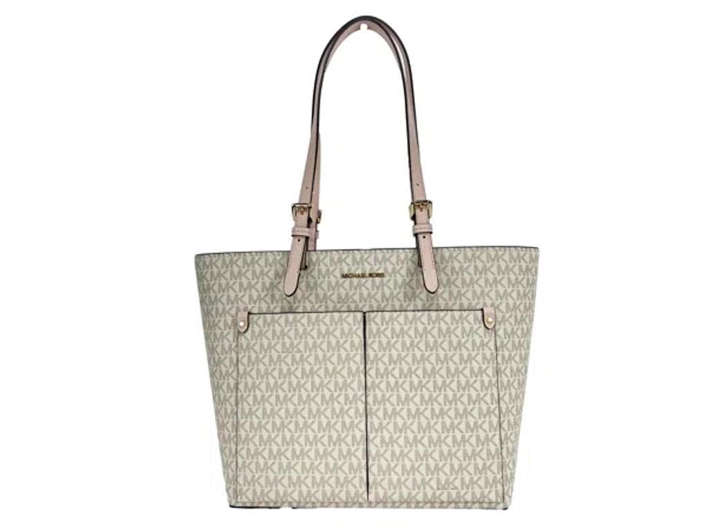 MICHAEL KORS Jet Set Medium Powder Blush Signature Pvc Double Pocket Tote Bag In White Product Image