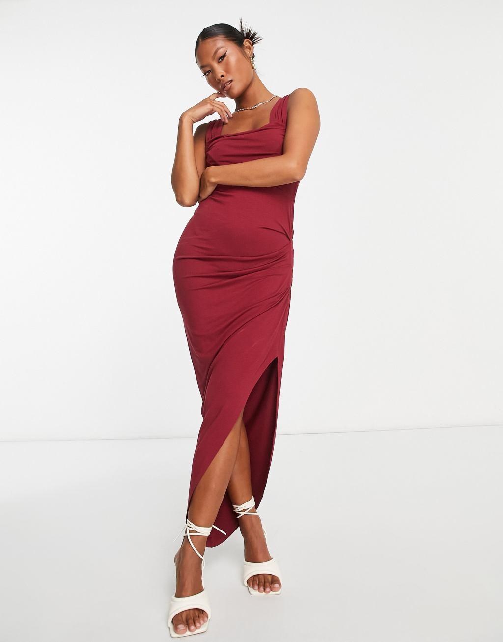 ASOS DESIGN Petite cowl neck pencil maxi dress in wine Product Image