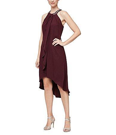 Ignite Evenings Beaded Halter Neck Satin Back Crepe High-Low Ruffle Front Sleeveless Dress Product Image