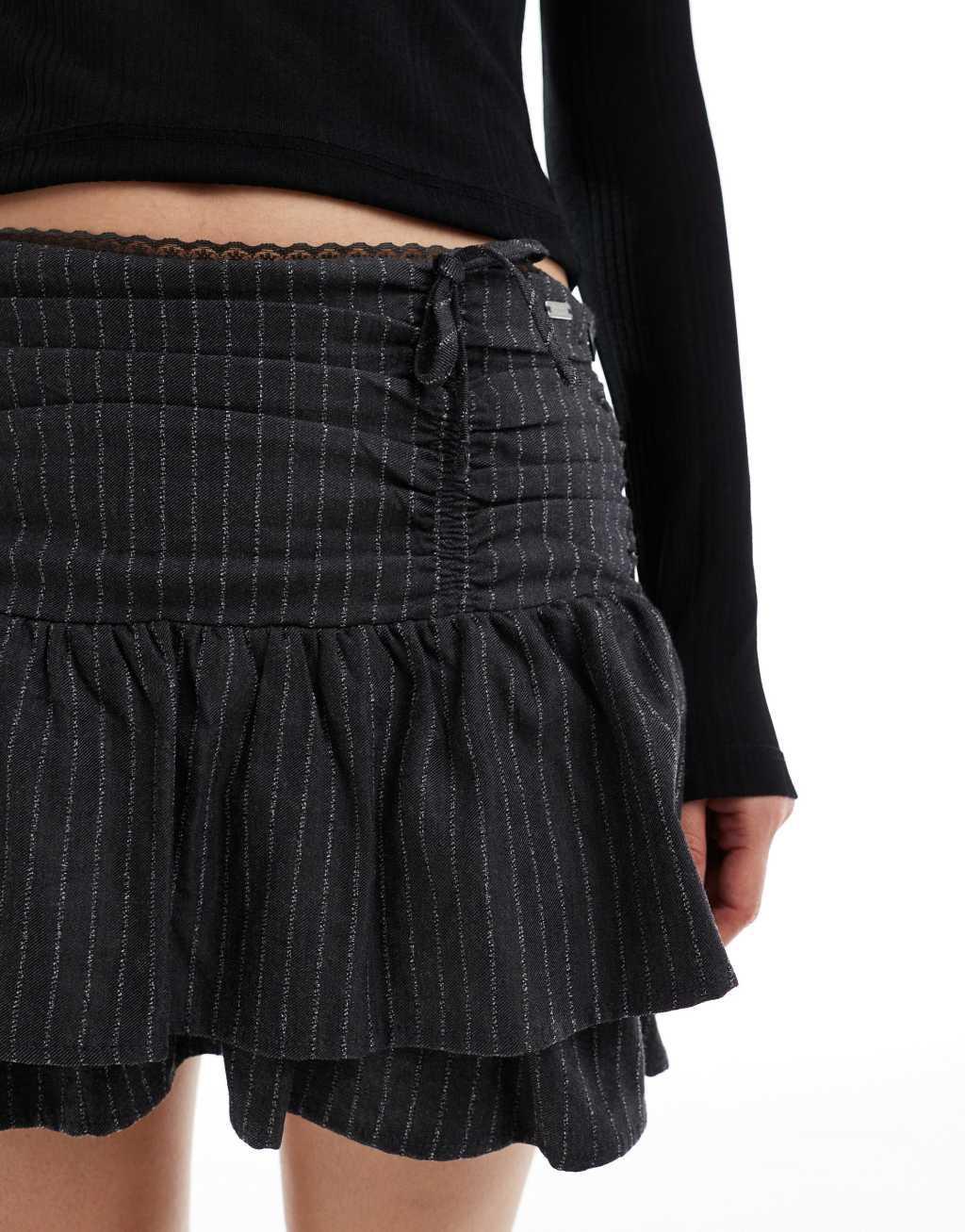 Pull&Bear bow detail pinstripe mini skirt in dark gray Product Image