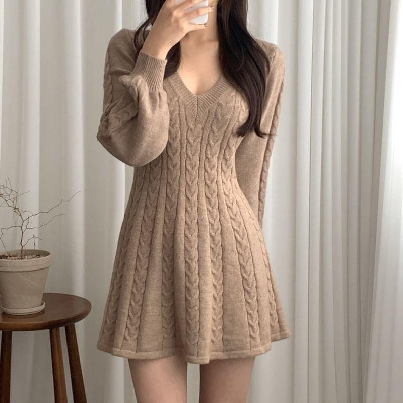 Long-Sleeve V-Neck Plain Cable Knit Mini A-Line Sweater Dress Product Image