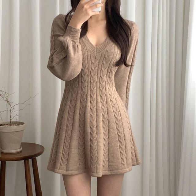 Long-Sleeve V-Neck Plain Cable Knit Mini A-Line Sweater Dress Product Image