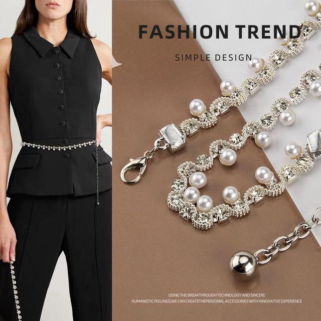 Rhinestone Faux Pearl Chain Belt Product Image