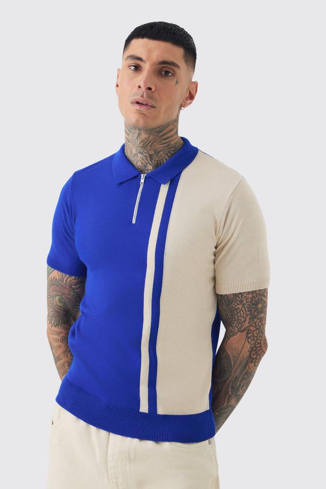 Mens Blue Tall Short Sleeve Muscle Fit Colour Block Knit Polo, Blue Product Image