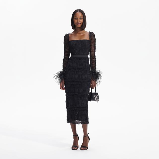 Black Dot Mesh Feather Midi Dress Product Image