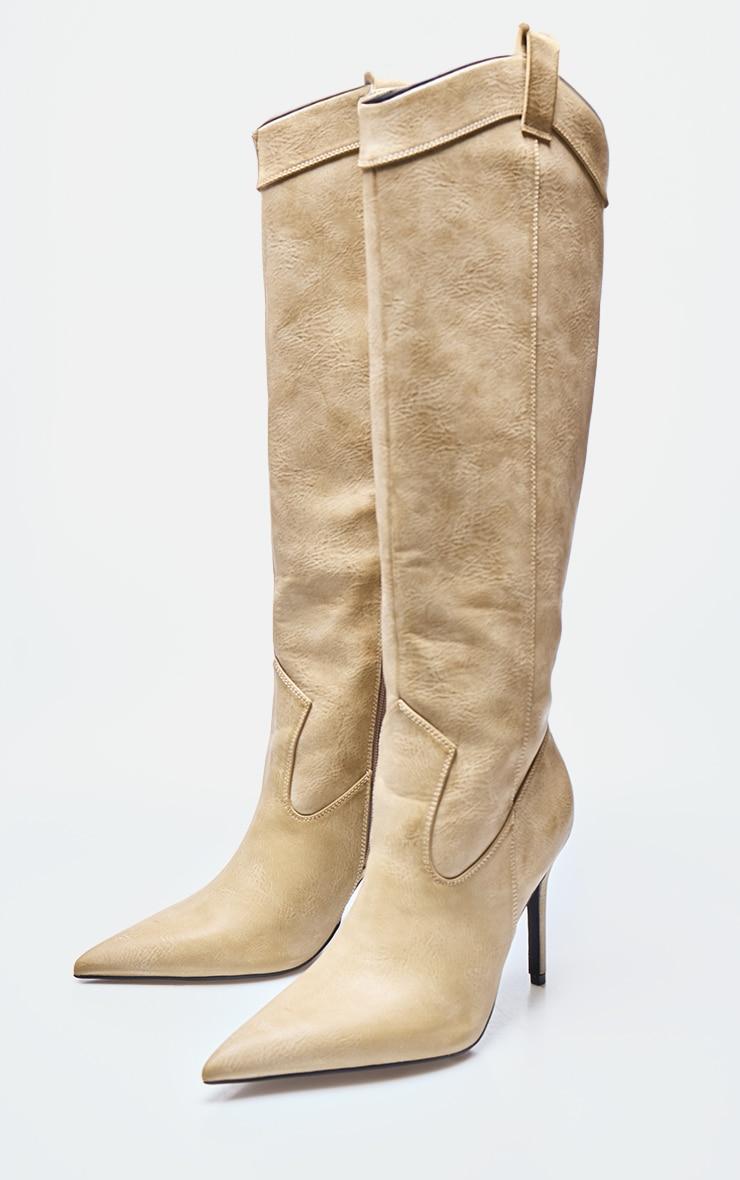 Tan Pu Point Toe Knee High Western Stiletto Boots Product Image